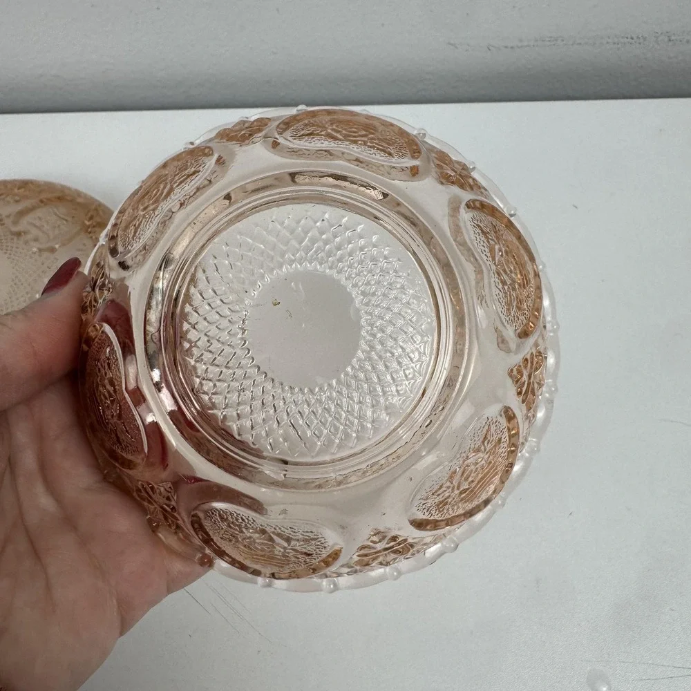 Pink Depression Glass Candy Dish Lidded Bowl Diamond‎ Cut Coquette Cottagecore